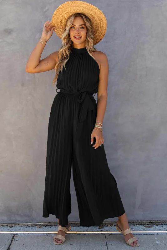 Versatile Women's Clothing for All Occasions Halter Neck Pleated Wide Leg Jumpsuit with Belt