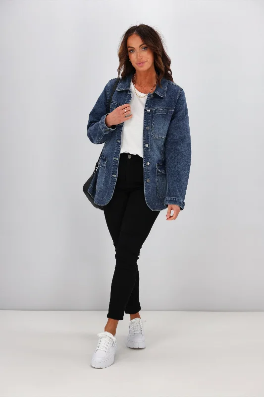 Women's Trendy Casual Outfit Shine On Label Ezra Denim Utility Jacket Indigo