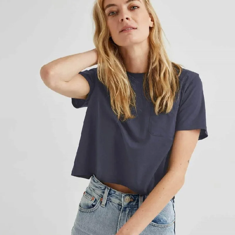 Trendy Casual Outfits Pima Boxy Crop Tee (Blue Night)