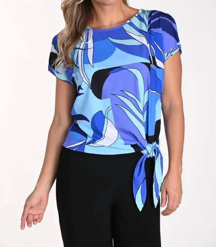 Women's Luxury Apparel Leaf Print Top With Sash Detail In Blue/purple