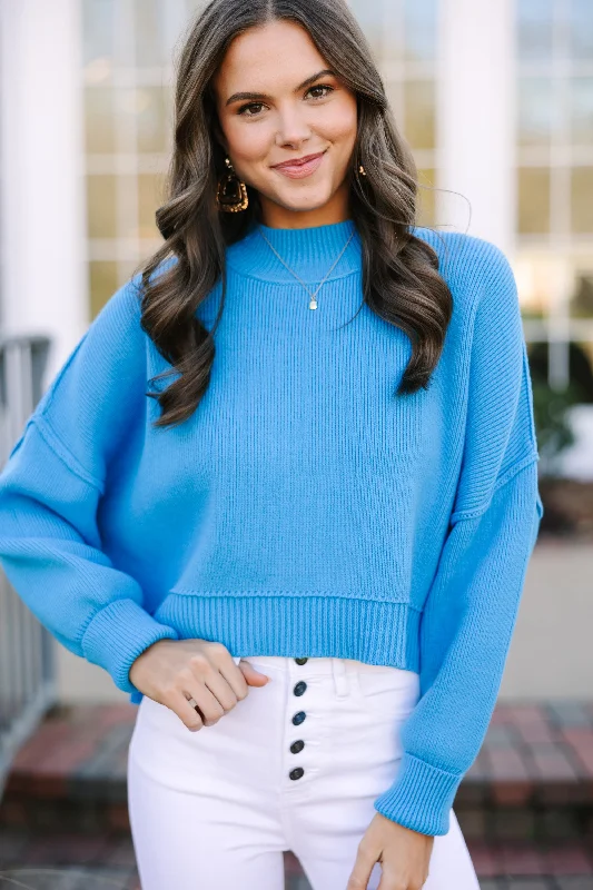 Clothes Woman Where I Am Deep Sky Blue Cropped Sweater