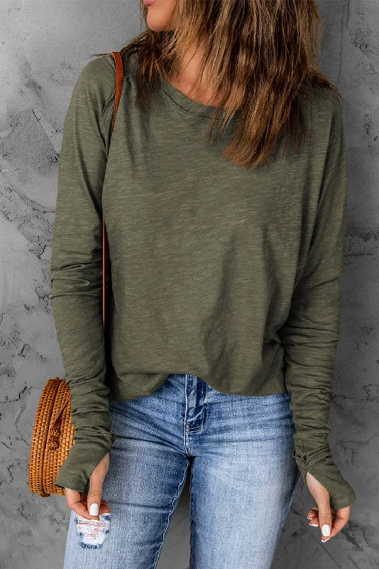 Modern Women's Wardrobe Essentials Green Solid Crew Neck Long Sleeve Top