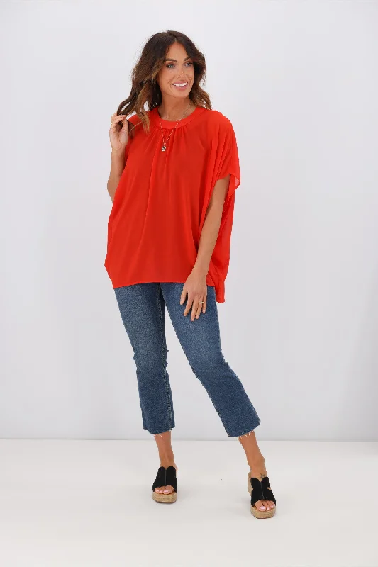 Charming Women's Garments Gloss by Shine On Mathilda Batwing Tie Neck Top Tomato