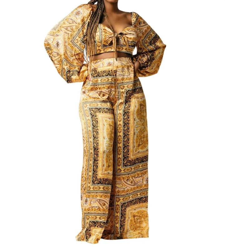 Fashion Forward Long Sleeve Pant Set In Gold Multi