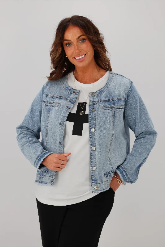 Women's Casual Attire Threadz Collarless Denim Jacket Blue