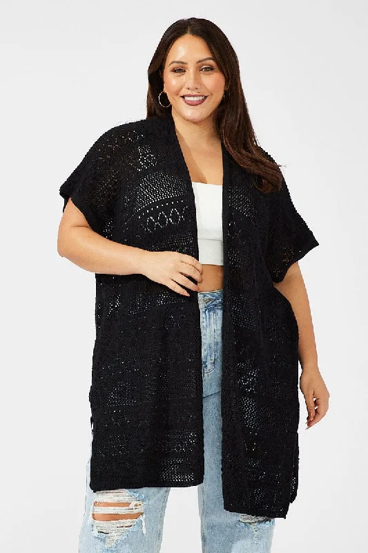 Boho Chic Fashion Black Crochet Longline Cardigan