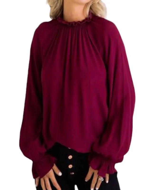 Women's Transitional Apparel Smocked Neck Top In Burgundy