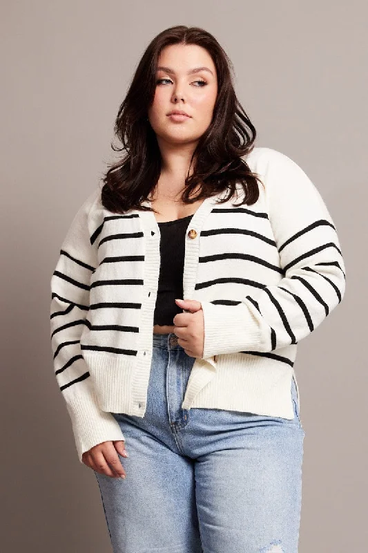 Modern Casual Clothing White Stripe Oversized Cardigan Long Sleeve V-neck Stripe