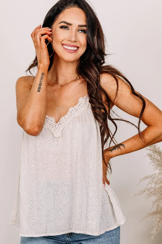 Women's Comfy Attire For Lounging So Much Potential Natural White Lace Trim Tank