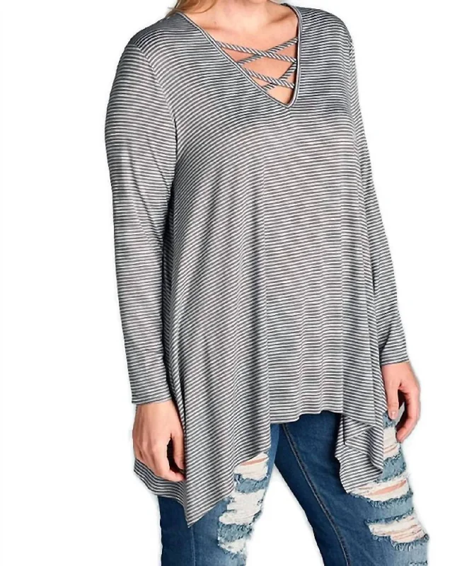 Women's Trendy Casual Outfit Pinstriped Swing Tunic - Plus In Grey