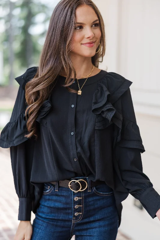 Women's Vacation Outfit Your Best Day Black Ruffled Blouse