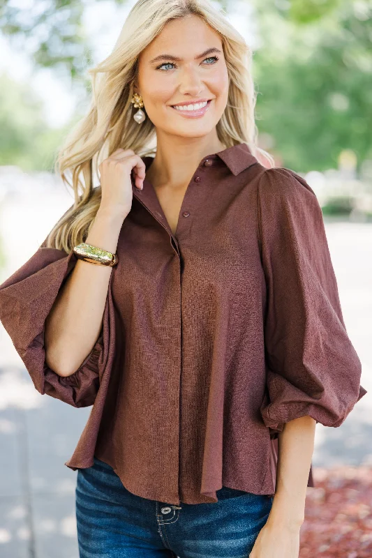 Sales Clothes Let's Run Brown Bubble Sleeve Blouse