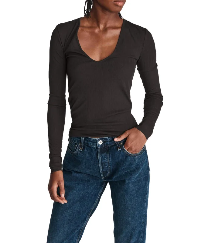 Women's Seasonal Apparel Zoe Deep V-Neck Rib Long Sleeve Top In Black