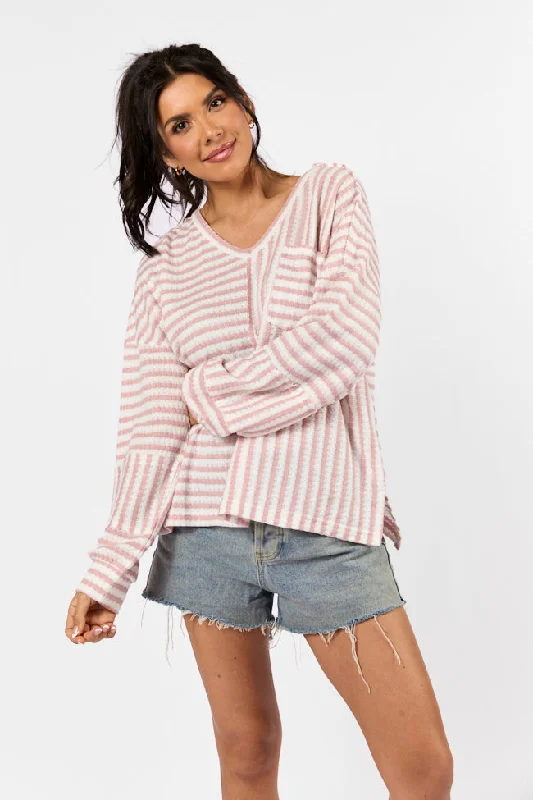 Online Boutiques Clothing All For Sun Pink and Ivory Striped Knit V-Neck Long Sleeve Tee