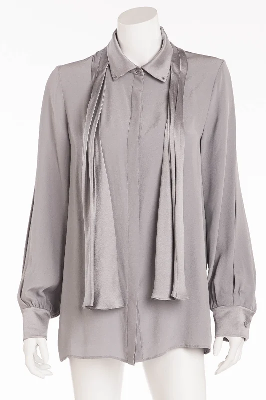 Women's Trendy Apparel Chloe - Light Gray Blue Button Up Long Sleeve Shirt - FR 40