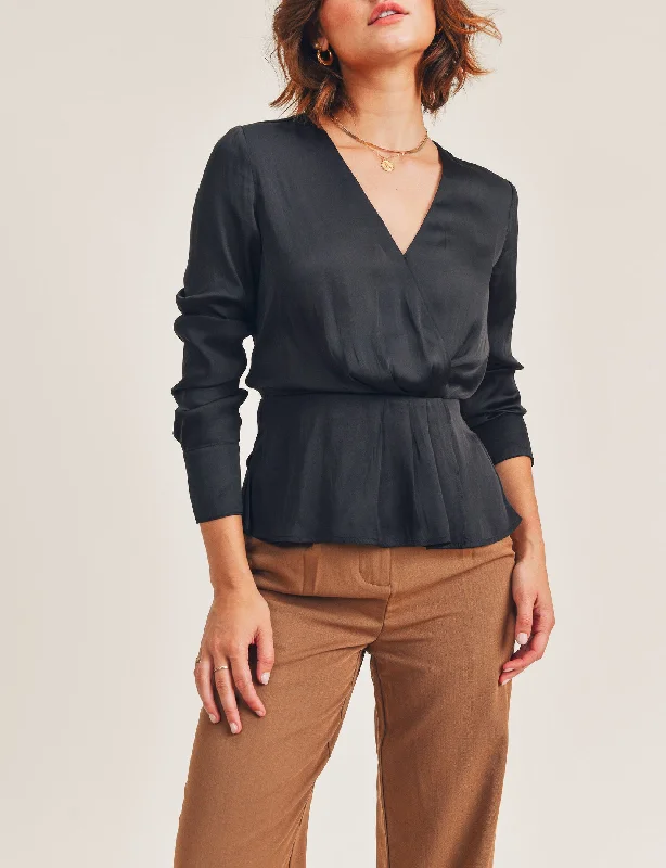 Affordable Women's Clothing Online Peyton Long Sleeve V Neck Blouse in Black