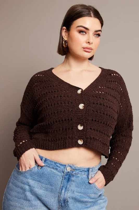 Fashion Essentials Brown Crochet Knit Cardigan V-neck