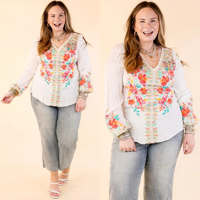 Current Trends Brunch With Me Long Sleeve Embroidered Top with V Neckline in White