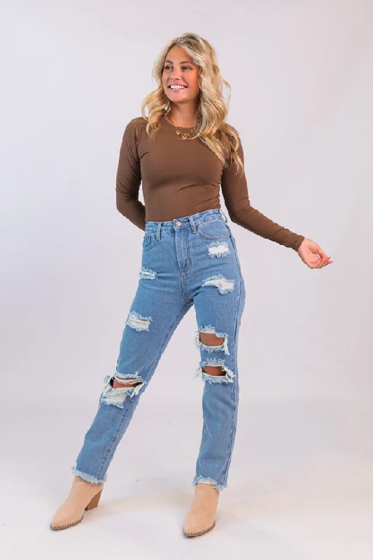 Megan Light Wash Distressed Straight Leg Mom Jeans