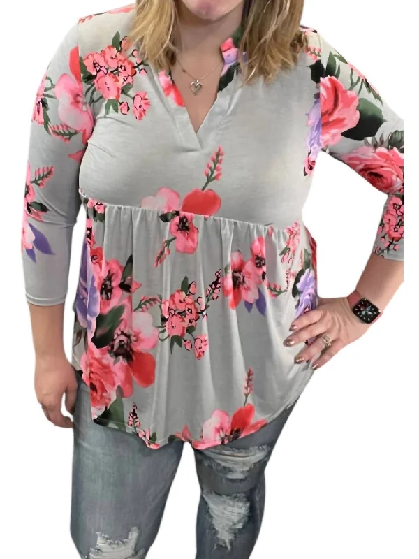 Trendy Women's Fashion Floral Babydoll Gabby Tunic Top In Gey/purple