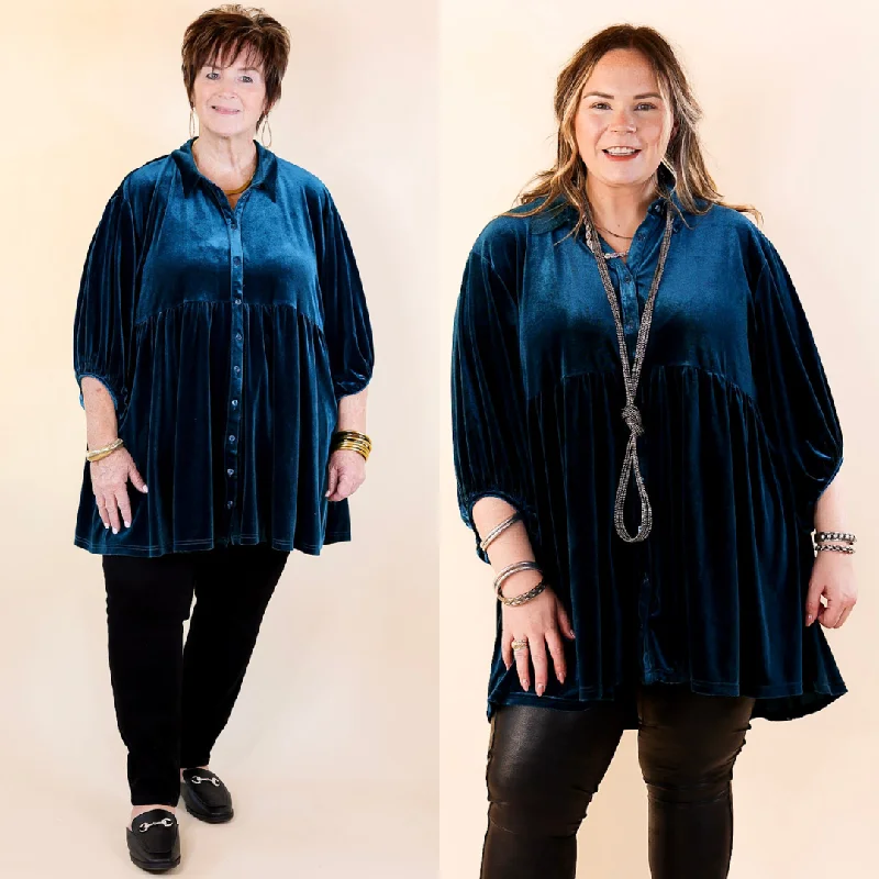 Women's Athletic Apparel Love Link Button Up Velvet Half Sleeve Babydoll Tunic Top in Teal Blue