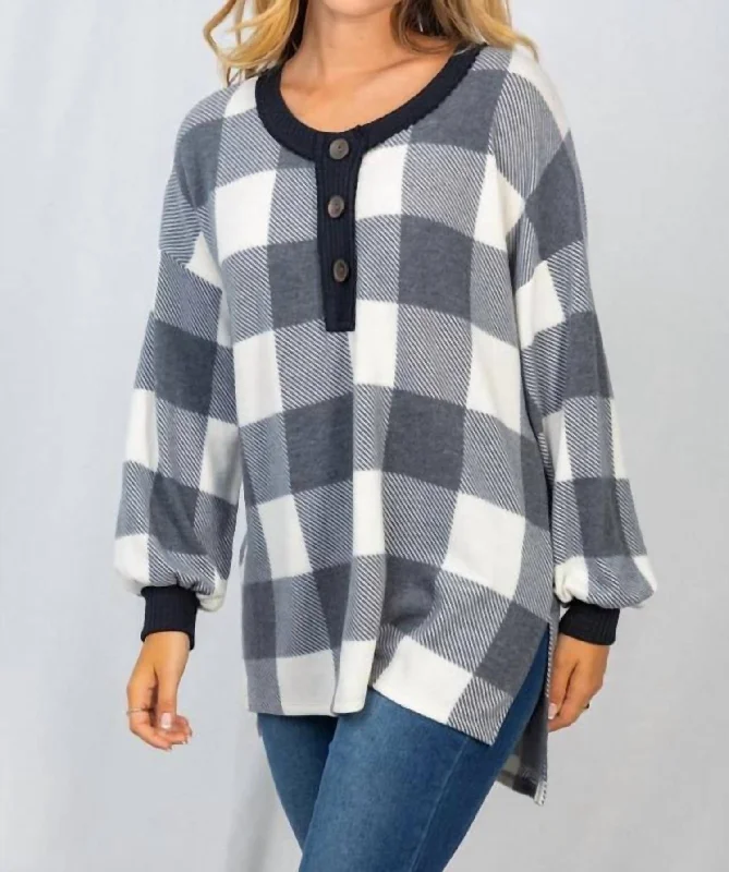 Flash Sale Online Buffalo Plaid Knit Top In Faded Charcoal/ivory