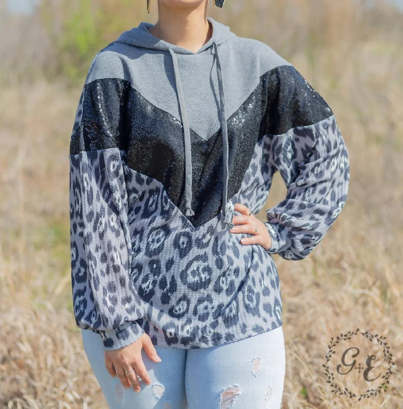 Women's Stylish Vacation Attire Smokey Leopard Pullover Hoodie With Balloon Sleeve In Grey