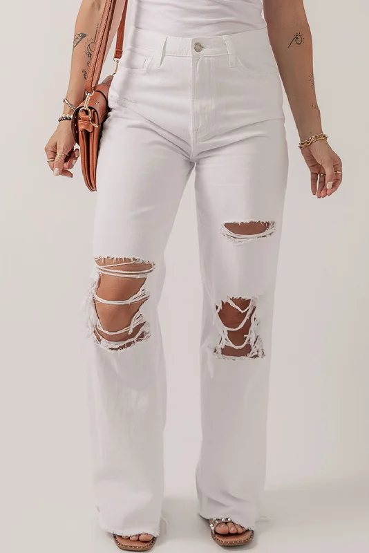 Trendy Boutiques Online Heavy Distressed Straight Leg Jeans