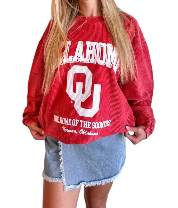 Timeless Women's Apparel Ou Mascot Cord Sweatshirt In Red