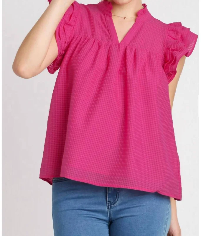 Women's Comfortable Lounge Attire Layered Ruffle Sleeve Split Neck Top In Rasperry