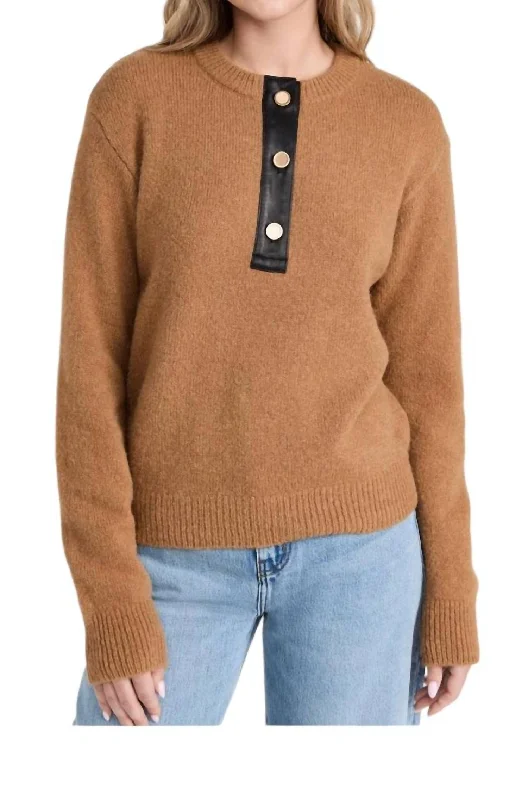 Women's Stylish Professional Garments Leather Placket Sweatshirt In Henley Camel