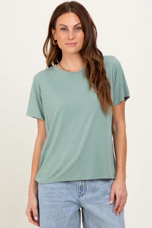 Women's Comfortable Lounge Garments Sage Basic Round Neck Short Sleeve T-Shirt