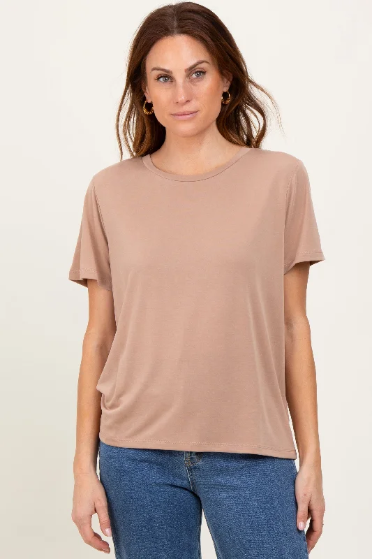 Casual Apparel For Women Taupe Basic Round Neck Short Sleeve T-Shirt