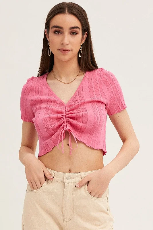 Sales For Clothes Pink Short Sleeve Ruched Knit Top