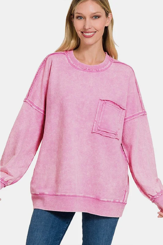 Women's Evening Apparel Exposed Seam Round Neck Dropped Shoulder Sweatshirt