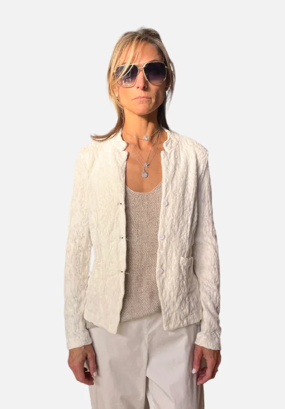 Stylish Women's Apparel Floral Cotton Linen Jacquard Knitted Jacket - Ivory