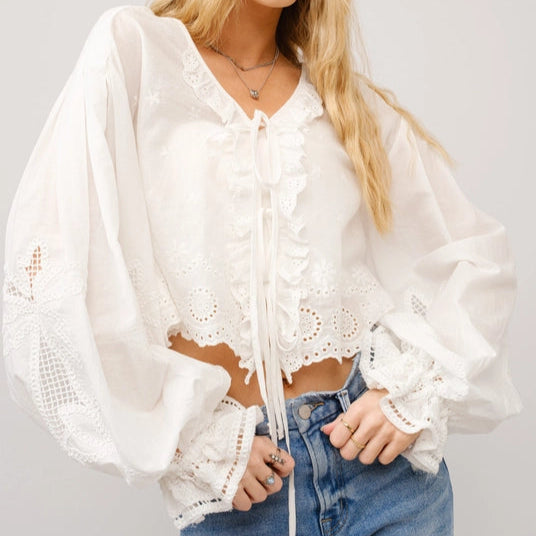 Women's Stylish Casual Garments Women's L/S Tie Front Eyelet Embroidered Cropped Blouse in White