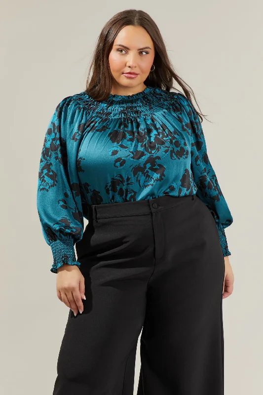 Bold and Elegant Women's Fashion Sammy Floral Bonsoir Smocked Raglan Sleeve Blouse Curve