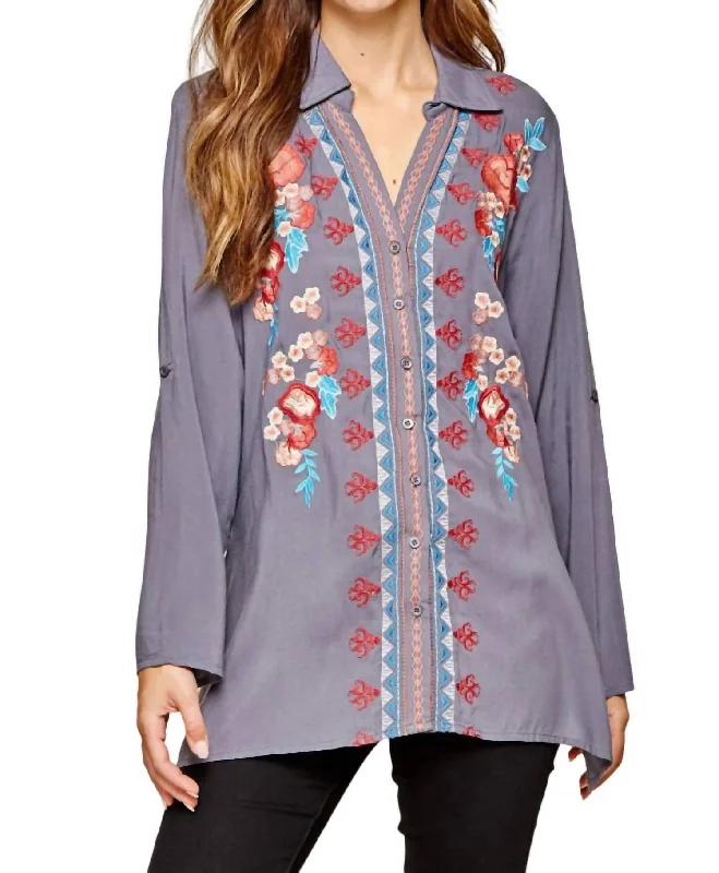 Flash Sales Today Floral Embroidered Tunic In Grey