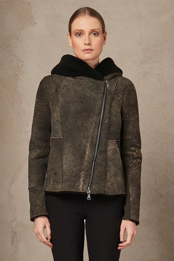 Stylish Women's Garments Hooded Sheepskin Jacket - Mud