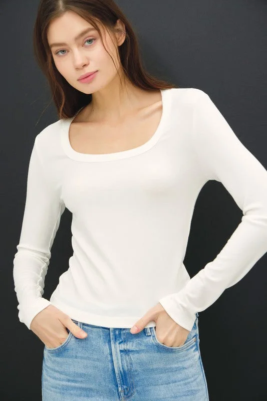 Online Boutiques Affordable White Scoop Soft Basic Long Sleeve Top