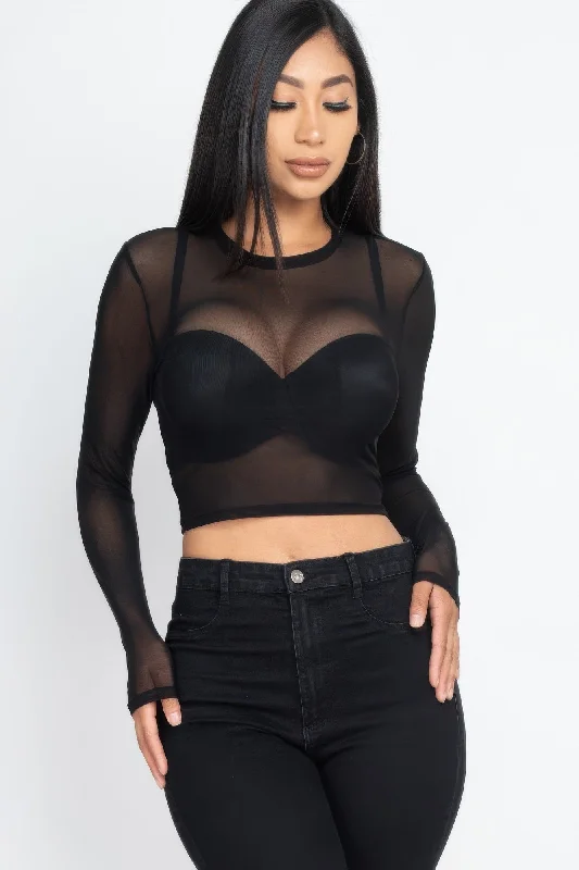 Colorful Clothing FASHNZFAB Women's Sexy Sheer Mesh Long Sleeve Crop Top