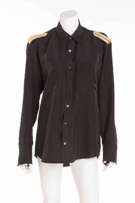 Women's Casual Apparel Balmain - Long Sleeve Black Button Up with Gold Trim on Shouders - FR 40