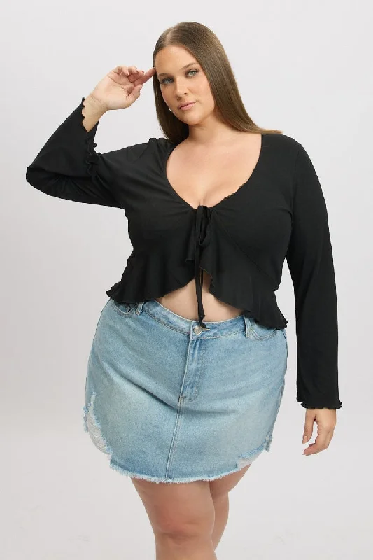 Women's Plus-Size Apparel Black Frill Tie Flare Sleeve Bolero Jacket