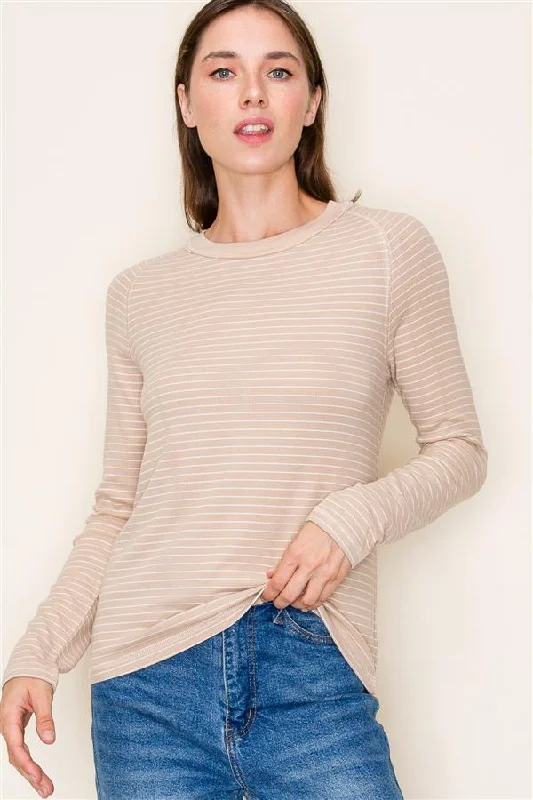 Trendy Boutique Online Oatmeal Striped Long Sleeve Basic