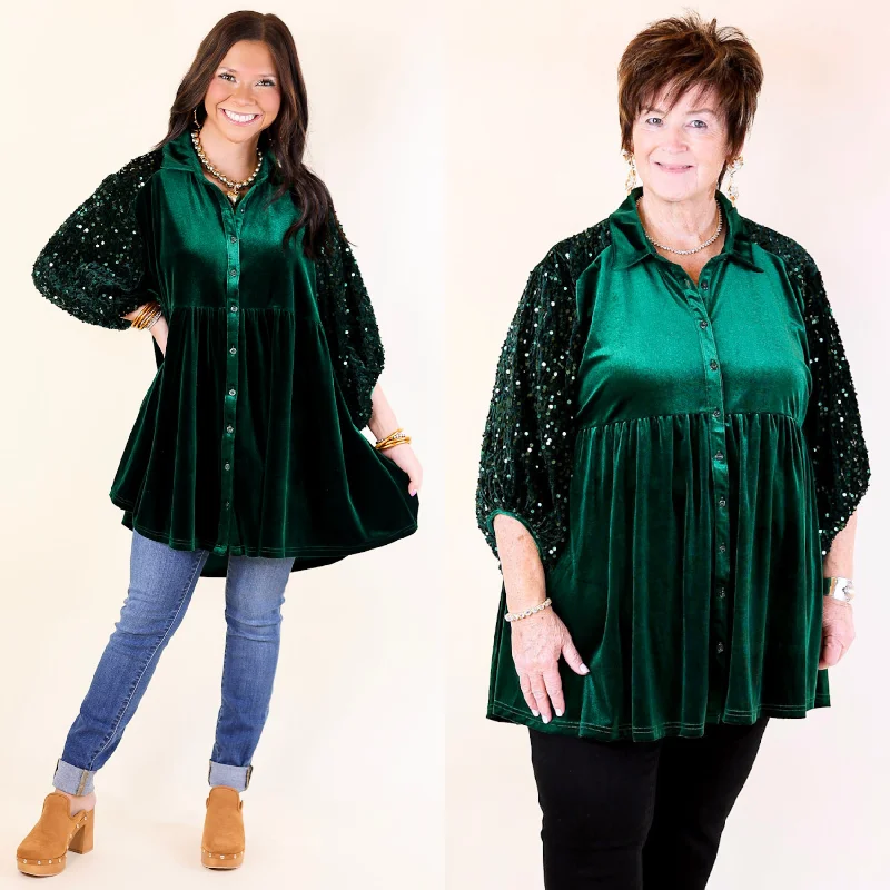 Affordable Women's Apparel Love Link Button Up Velvet and Sequin Half Sleeve Babydoll Tunic Top in Hunter Green