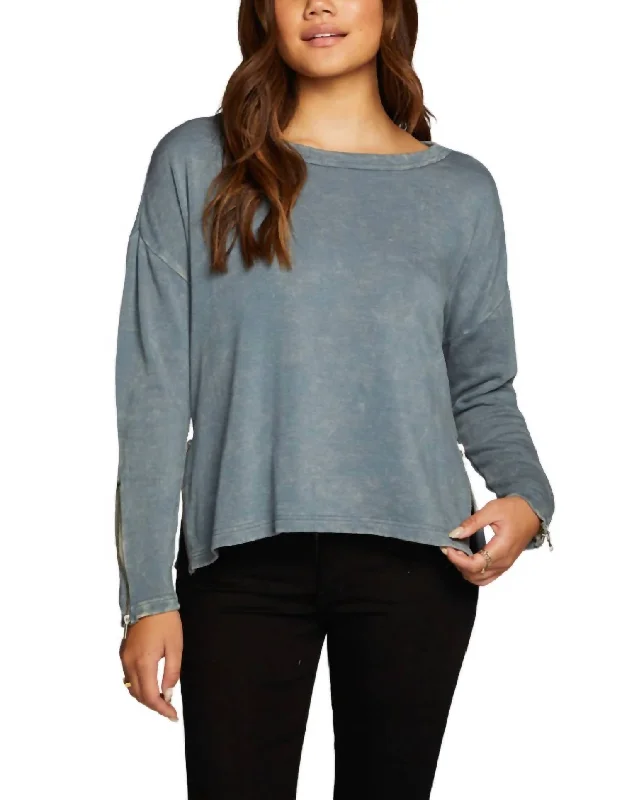 Women's Comfortable Lounge Garments Slub French Terry Long Sleeve Open Neck Pullover With Zippers In Denim Mineral Wash