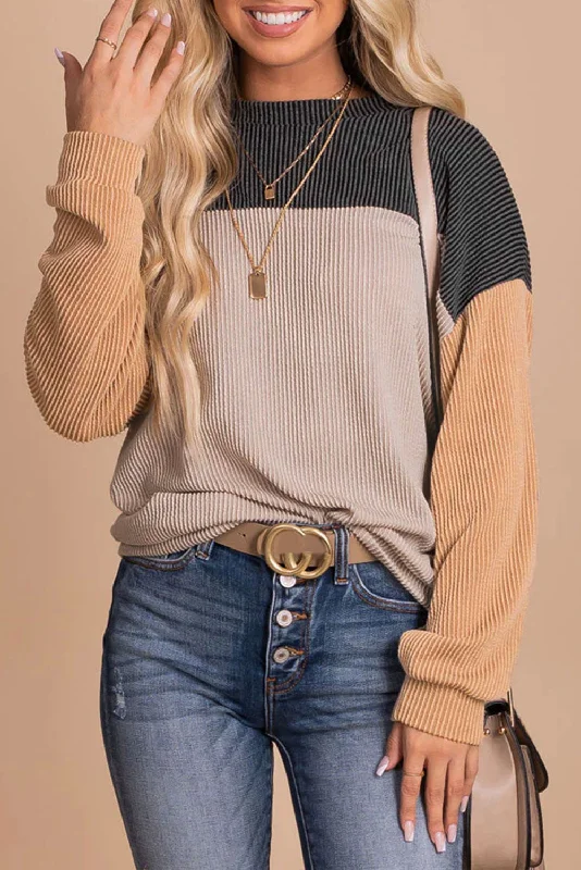 Sales Clothes Color Block Long Sleeve Ribbed Loose Top