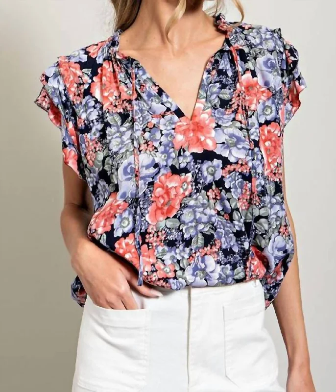 Women's Transitional Attire Drawstring Floral Top In Navy