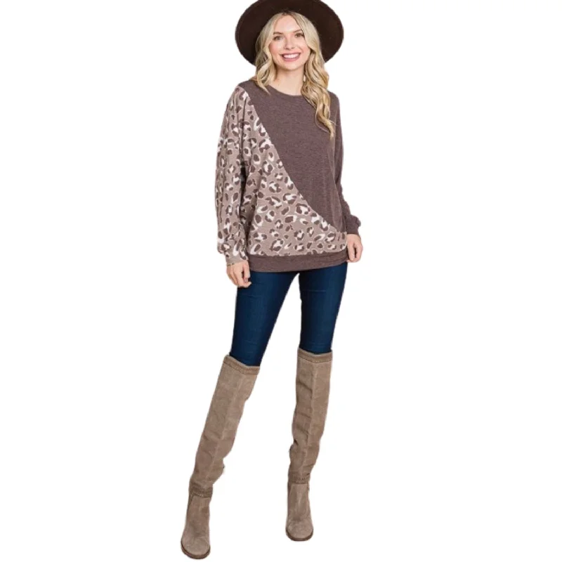 Women's Evening Attire Cute Animal French Terry Brush Contrast Print Pullover With Cuff Detail